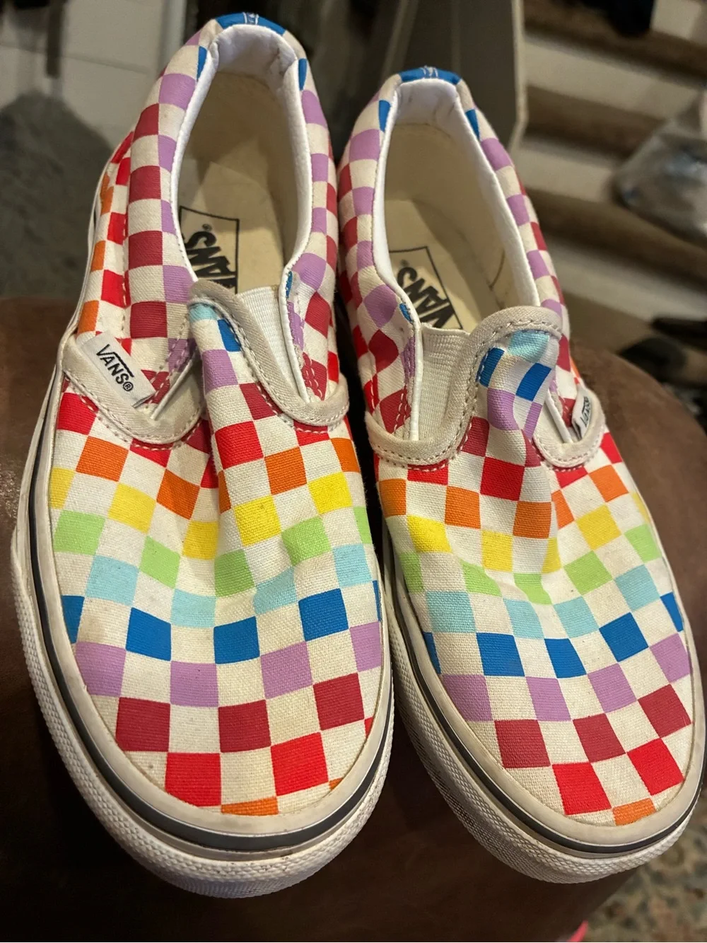 Vans Kids Slip-On Rainbow Checkerboard Canvas Sneakers